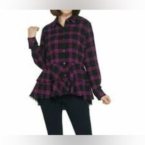 Joan Rivers Plaid Peplum Top Button Up Ruffle Fringe Hem Women’s Size 16